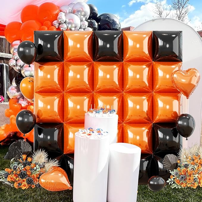 Black Orange Square Foil Balloons, 25PCS Double Sided Metallic Orange and Black Square Balloons Backdrop Wall Tunnel Arch Kit for Basketball Theme Boys Men Birthday Halloween Party Background Decor