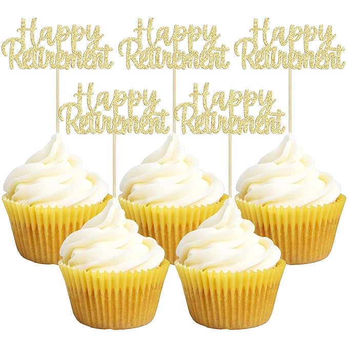 Gyufise 36 Pack Gold Glitter Happy Retirement Cupcake Toppers Retired Cupcake Picks Retirement Theme Birthday Party Cake Decorations Supplies