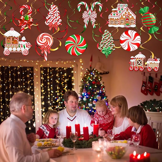 Faccito 30 Pcs Christmas Hanging Swirl Decoration Candy Theme Hanging Decorations Christmas Swirls Streamers Gingerbread House for Indoor Outdoor Xmas Winter Holiday Party Supplies