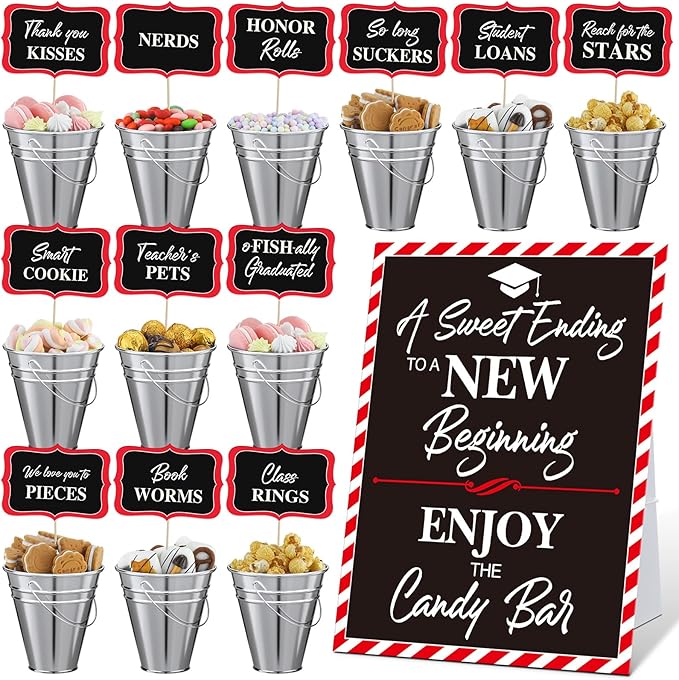 12 Set 2026 Graduation Candy Buffet Party Decoration Graduation Table Candy Bar Snack Labels Signs and 5'' Buckets with Handle for Class of 2026 Party Parties Supplies(Pure Style,Black,Red and Sliver)