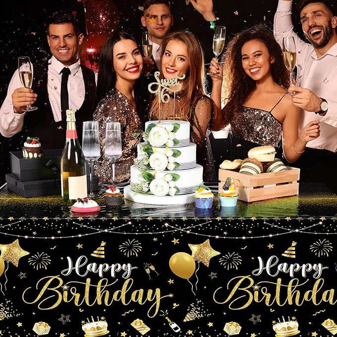 Tudomro 6 Pcs Happy Birthday Tablecloths Happy Birthday Party Decorations Plastic Table Cover Rectangular Cloths for Women Men Baby Shower Party Supplies, 108 x 54 Inch (Black Gold)