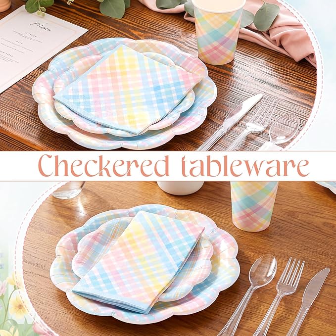 50 Sets Easter Spring Pastel Gingham Disposable Tableware Pastel Paper Plates Cups Napkins Clear Knives Forks Spoons for Birthday Baby Shower Wedding Party Decoration