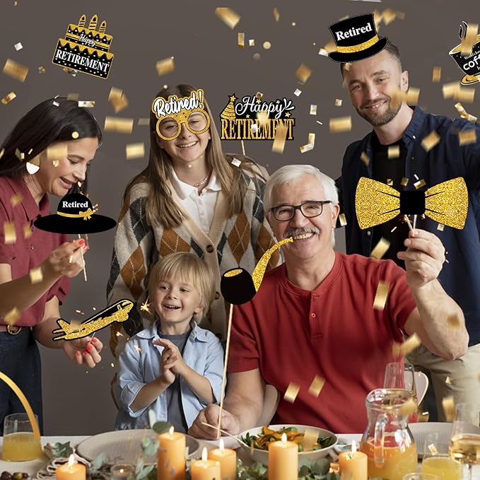 30Pcs Happy Retirement Party Decorations for Men Women, Black Gold Retirement Photo Booth Props, Cheers to Retirement Party Supplies, We Will Miss You Retirement Party Sign