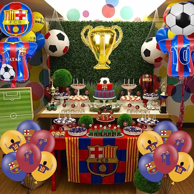 Soccer Theme Birthday Party Decorations Include 12pcs Latex Balloon, 5pcs Foil Balloons, Barcelona Theme Balloons for Party Favors, Messi Birthday Party Supplies