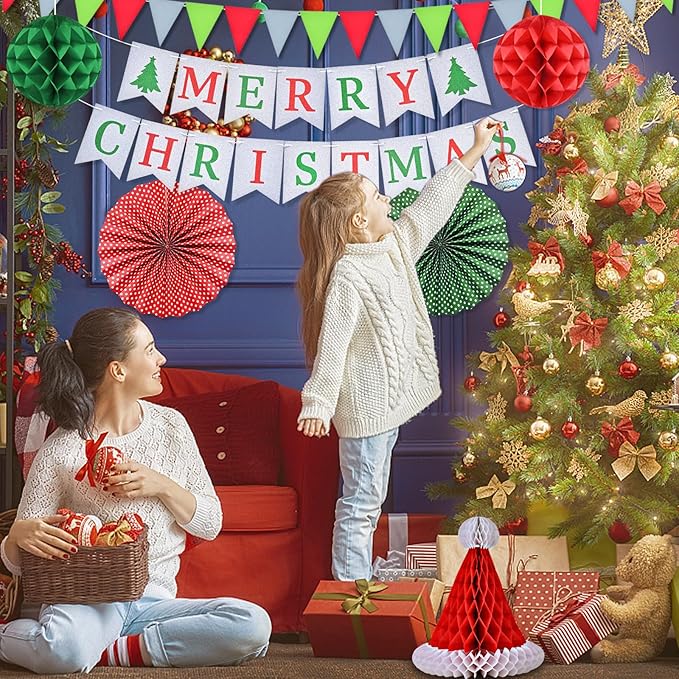 Ahfulife Christmas Party Decorations Supplies Set, Reusable Xmas Decor Kit Indoor - Merry Christmas Sign Banner for Home, Xmas Pennant Banner, Hanging Paper Tissue Fan Tree Garland