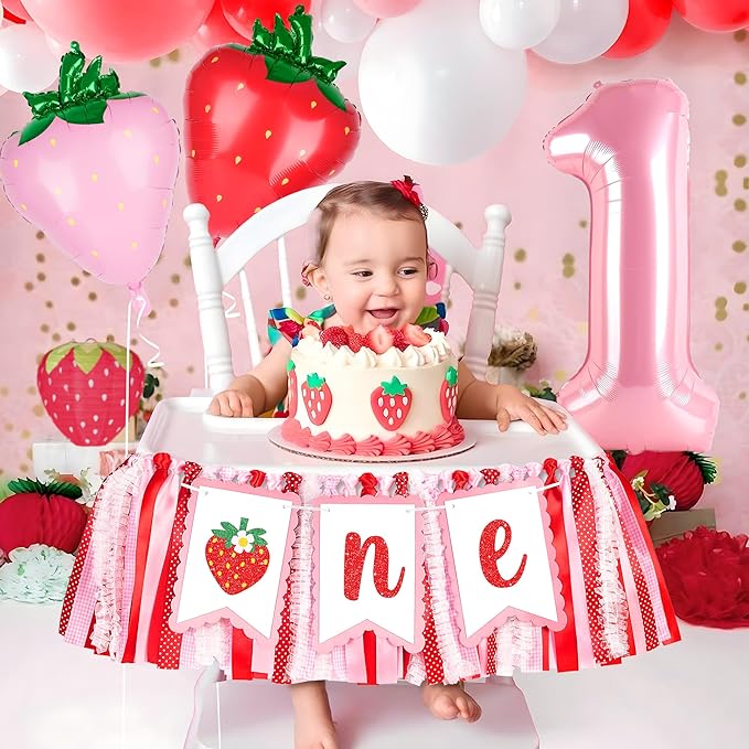 Berry First Birthday High Chair Banner One High Chair Banner Girl Photo Backdrop First Birthday Decorations for Girl Wall Hanging Decorations for Kids Bedroom, Red/Pink