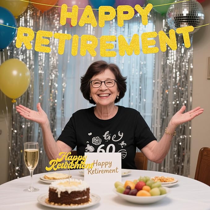 Gold Retirement Party Decorations, Pre Strung Happy Retirement Banner & Cake Topper Kit for Men Women, Ready to Hang