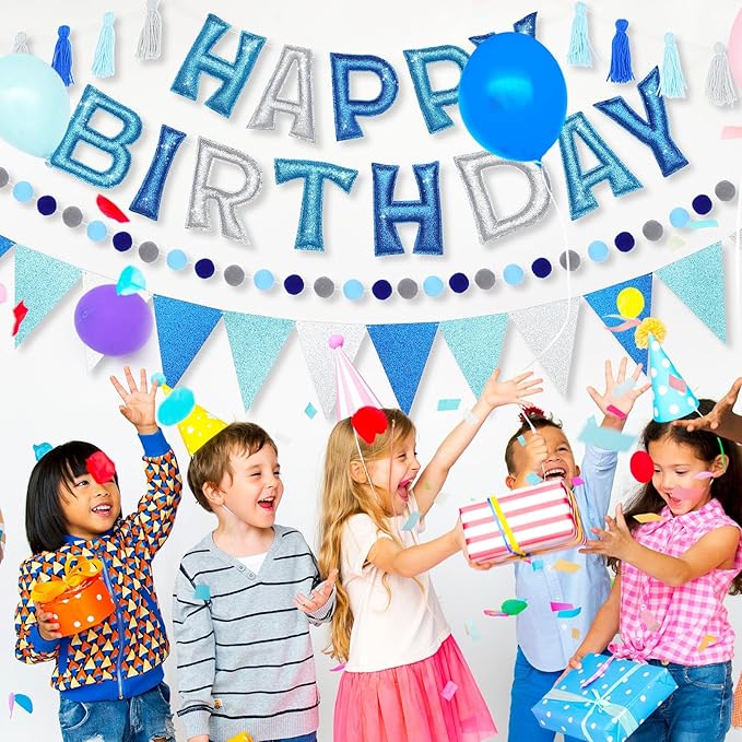 5 Pcs Pre-Strung Blue and Silver Happy Birthday Banner Set, Felt Glitter Happy Birthday Garland with Ball Garland, Pennant Flags and Tassels, Birthdays Party Decorations for Kids and Adults