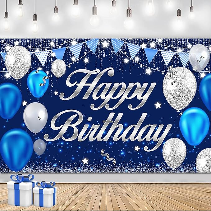 Happy Birthday Banner - Birthday Decorations for Men Women Boys Girls Blue Sliver Birthday Party Banners Welcome Happy Birthday Background Sign Theme Party Decorations Indoor Outdoor