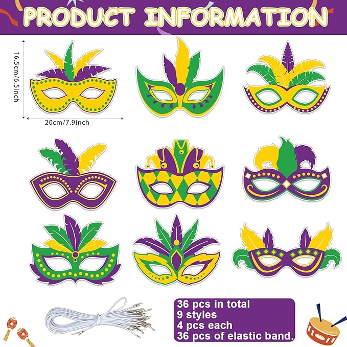 36 Set Carnival Coloring Mask Mardi Gras Paper Art Craft Kid Color Your Own Style Blank DIY Mask Masquerade Birthday Party Dress-Up Decorations Favor School Classroom Activity Game Supplies