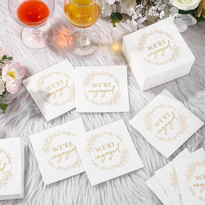 Kosiz 500 Pack We're Engaged Napkins Gift 3 Ply Disposable Paper Engagement Cocktail Napkins for Wedding Party Beverage Dinners Cake Tableware Decorations, 4.5 x 4.5 Inch