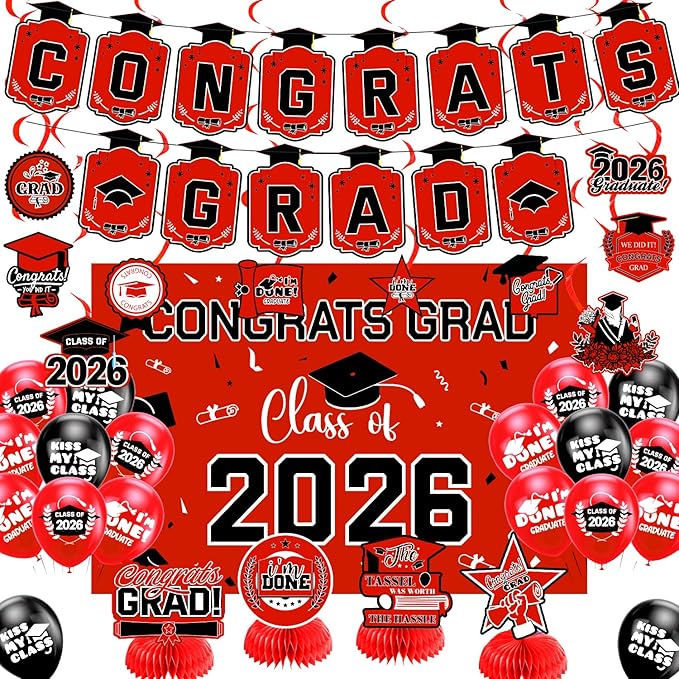 Graduation Decorations 2026 Red Themed Set - Congrats Grad Banner, Class of 2026 Backdrop, Balloons & Streamers Kit - Complete Party Supplies for High School & College Celebrations