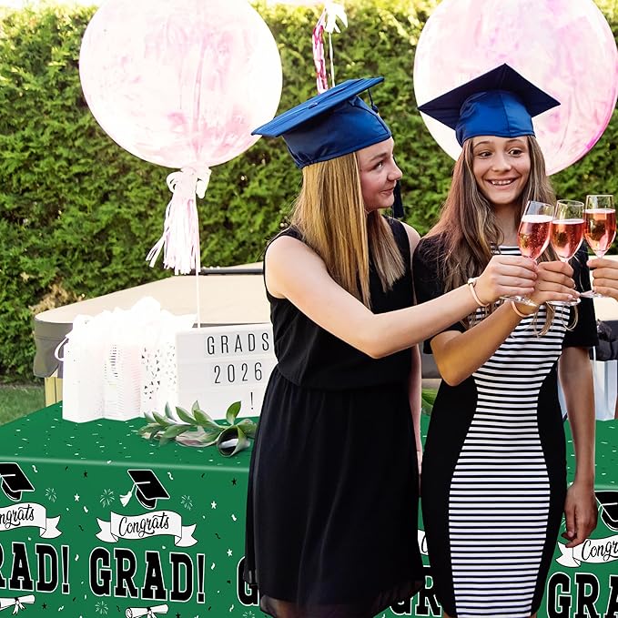 QZYL 2 PCS Graduation Tablecloth, 108" X 54" Green Graduation Table Decorations 2026, Rectangle Table Cloths for Class 2026 Congrats Grad, Disposable Plastic Tablecover for Grad Decor Party Supplies