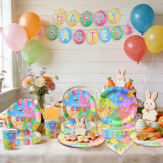 Easter Party Supplies Set - Disposable Easter Plates and Napkins Kit for 10 Guests, Includes Dinner & Dessert Plates, Cups, Cutlery, Napkins, Banner, Tablecloth for Easter Dinner, Spring Party