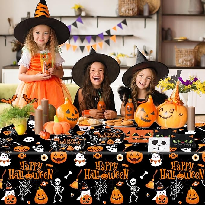 Halloween Disposable Plastic Tablecloth Halloween Party Decorations Supplies Rectangle Disposable Table Cover for Indoor Outdoor Party Decor, 2 Pack