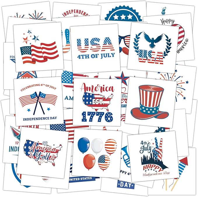80PCS 4th of July Temporary Tattoos for Teenages & Adults, Patriotic Party Favors, USA Flag, Fireworks, Eagle, Statue of Liberty, Independence Day, Memorial Day, 4th of July Outfits for Women