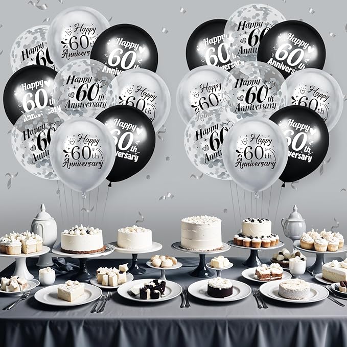 60th Anniversary Balloons 18Pcs Black Silver 60th Anniversary Party Decorations for Women Men Black Silver 12Inch Happy 60 Latex Confetti Balloons for Indoor Outdoor Party Supplies
