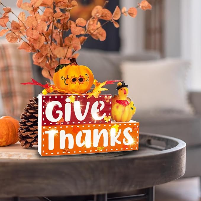 BlcTec Thanksgiving Decorations for Home, Lighted Thanksgiving Wood Block Sign with 3D Letters, Pumpkin, Turkey, Maples, Fruit, Timer, Battery Operated Thanksgiving Sign for Table, Mantle, Shelf Home Décor