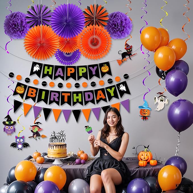 KatchOn, Halloween Birthday Party Decorations Set - Pack of 31 | Halloween Happy Birthday Banner, Honeycomb Balls, Paper Fans, Hanging Swirls Garland for Indoor Decor | Happy Brithday decorations