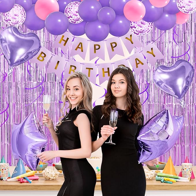 Pink Purple Birthday Decorations, Bday Party Supplies for Women Girls Princess with Happy Birthday Banner, Confetti Balloons, Fringe Curtain, Heart Star Foil Balloons, Hanging Swirls