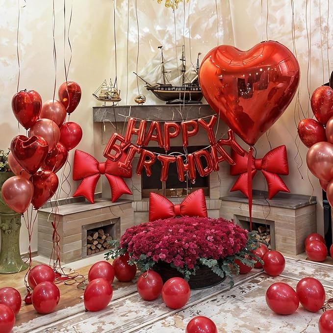Red Balloons Arch Kit, Metallic Red Pearl Balloon Valentine Garland Arch, Heart Confetti Balloons Bow Heart Love Foil Balloon For Valentine's Day Birthday Baby Shower Party Wedding Engagement Decor