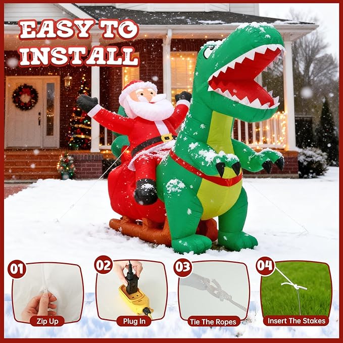 JOYHALO 8.2FT Long Christmas Inflatables with LED Santa Ride on Dinosaur Outdoor Christmas Dinosaur Inflatable Blow Up Yard Decorations with Sandbags Stakes Strings for Garden Decor