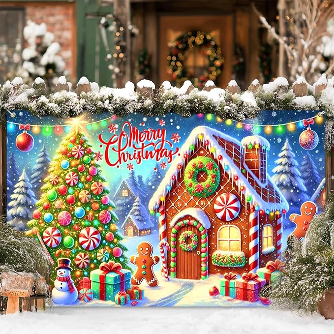 Gingerbread Christmas Backdrop 71x43 Inches Snowman Tree Scene Banner Holiday Photography Background Indoor Outdoor Merry Christmas Decoration for Wall Party Display