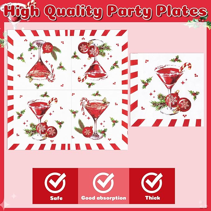 Christmas Cocktail Xmas Martini Cocktail Candy Cane Party Plate Supplies - Serves 24-96Pcs Party Tableware Decoration Disposable Paper Plate Napkin Fork for Winter Holiday Birthday