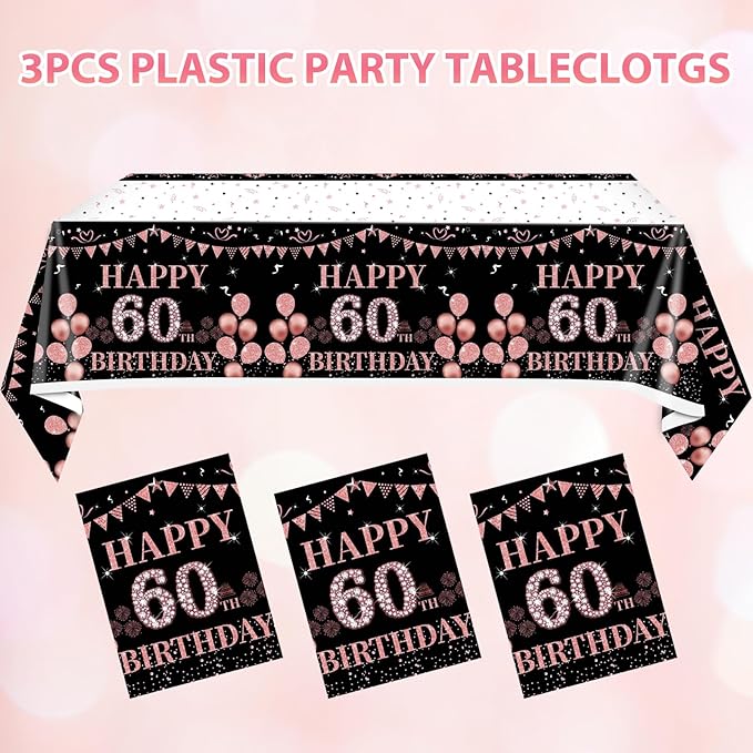 3PCS 60th Birthday Tablecloth Decorations for Women Happy Sixty Birthday Theme Black and Rose Gold Table Cloths,60 Year Old Birthday Plastic Disposable Rectangular Table Cloth Decor