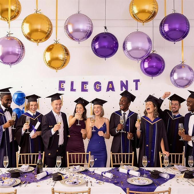 12Pcs Purple and Gold Round Balloons Foil, 22" 18" 15" 10" 4D Round Shaped Ball Balloon, Large Gold Dark Light Purple Metallic Balloons for Graduation Wedding Prom Birthday Party Decorations Backdrop