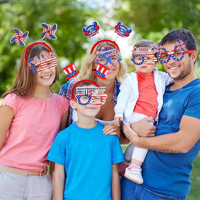 Max Fun 4th of July Accessories, 18 Pcs Patriotic Glasses and Headbands Set Fourth of July Decorations for Kids Adults Independence Day Party Favors Photo Booth Props