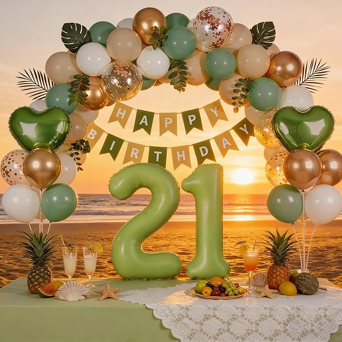 Sage Green 21st Birthday Decorations, Finally 21 Party Supplies for Her Him, Sand White & Cream Balloon Kit with Green Number 21 Balloon and Fringe Curtains