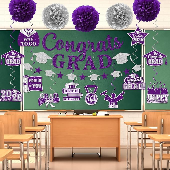 Purple Graduation Decorations, Glitter Congrats Grad Banner Hanging Swirls and Tissue Pom Poms, Purple and Silver Graduation Decorations for Class of 2026 College Graduations Party Decorations