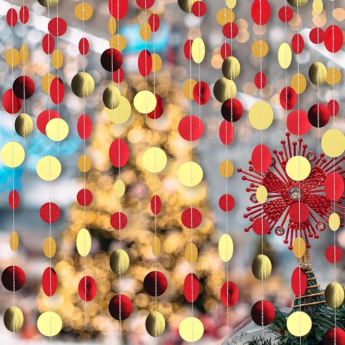Syhood 10 Pcs Party Decorations Paper Dot Circle Garlands Glitter Streamers Hanging Banner Decor for New Year Baby Shower Wedding Birthday Backdrop Supplies (Red and Gold)