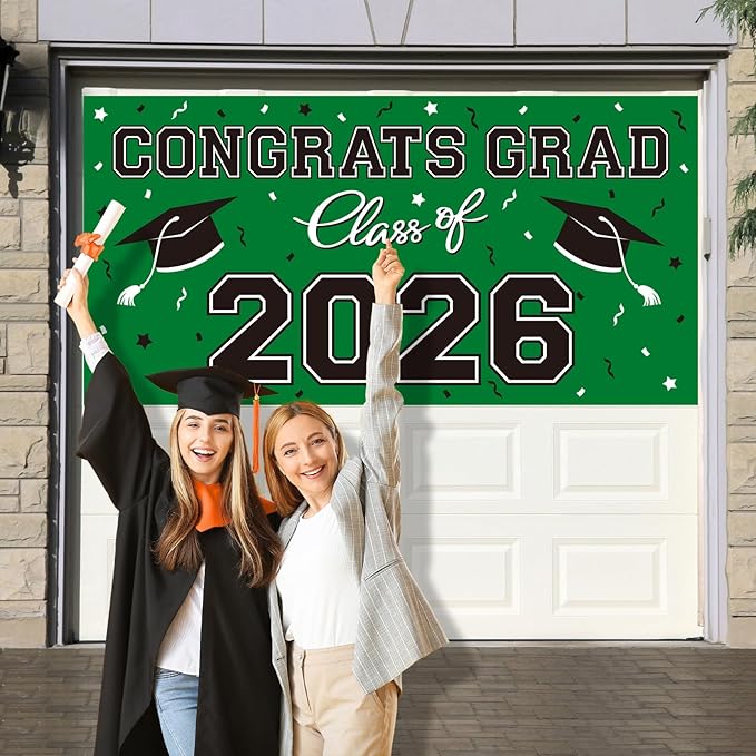 2026 Graduation Party Plastic Backdrop - 65" x 32.7" Congrats Grad Banner in Green, Large Class of 2026 Decorations, Photography & Grad Party Supplies
