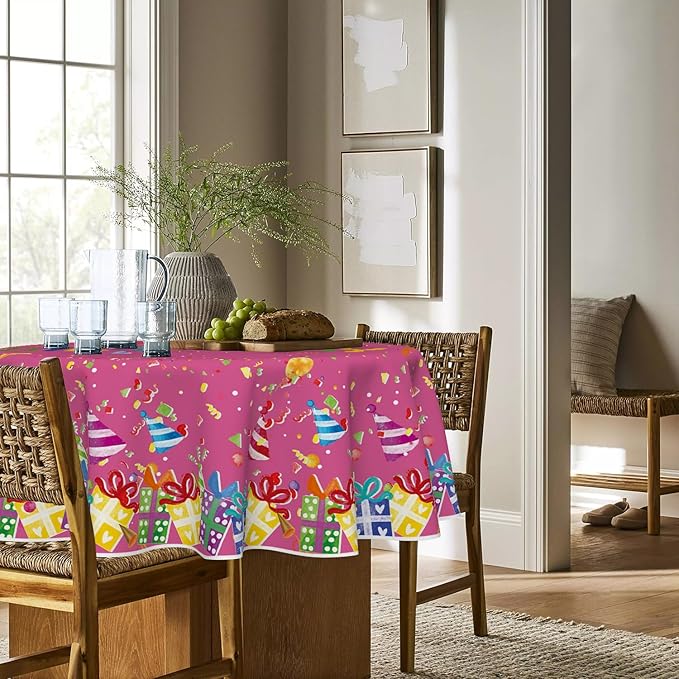 Horaldaily Birthday Tablecloth 70x70 Inch Round, Happy Birthday Ballon Pink Washable Seasonal Table Cover for Party Picnic Dinner Decor