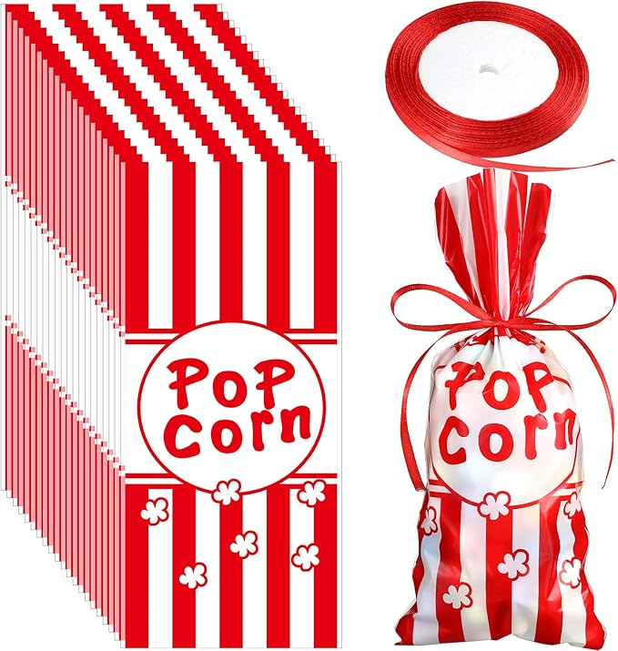 Outus 100 Pcs Popcorn Bags for Party Popcorn Treat Bags Red and White Stripe Carnival Candy Containers with a Roll of Red Ribbon for Circus Carnival Party Birthday Favor