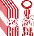 Outus 100 Pcs Popcorn Bags for Party Popcorn Treat Bags Red and White Stripe Carnival Candy Containers with a Roll of Red Ribbon for Circus Carnival Party Birthday Favor