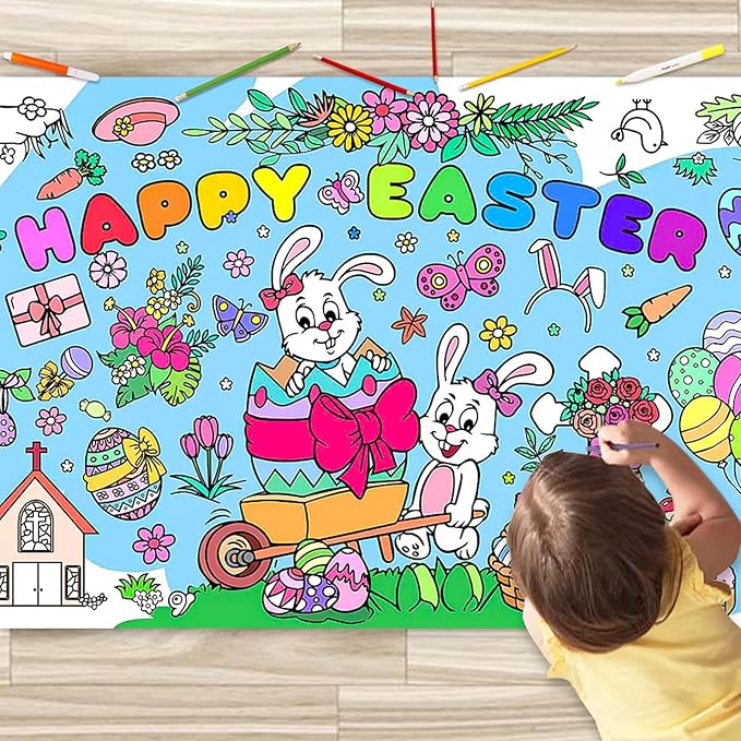 JUNQIU Easter Coloring Tablecloth for Kids, 72 * 31Inch Giant Color Poster - Easter Games, Activity, Party, Painting Crafts for Kids