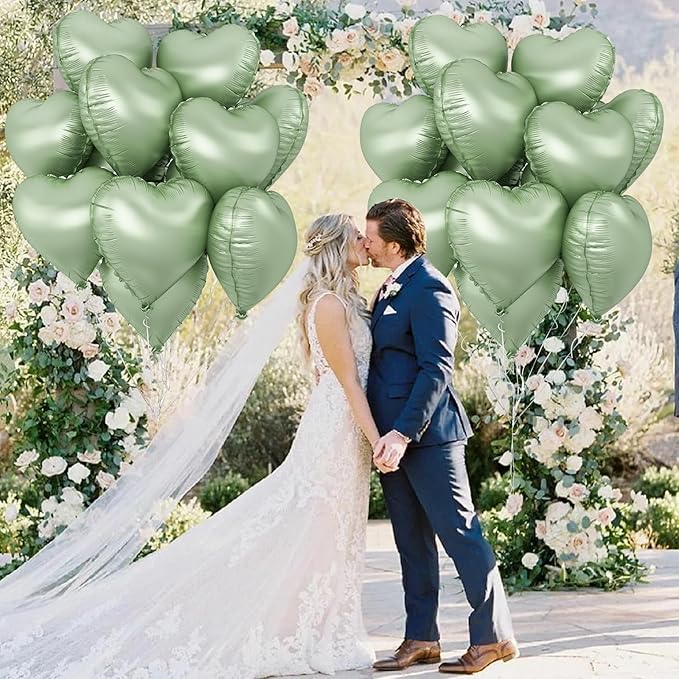 Sage Green Heart Foil Balloon, 10PCS Olive Green Heart Helium Balloons, Light Green Heart Shaped Foil Balloons for Jungle Safari Party Birthday Graduation Garden Wedding Baby Shower Party Decorations