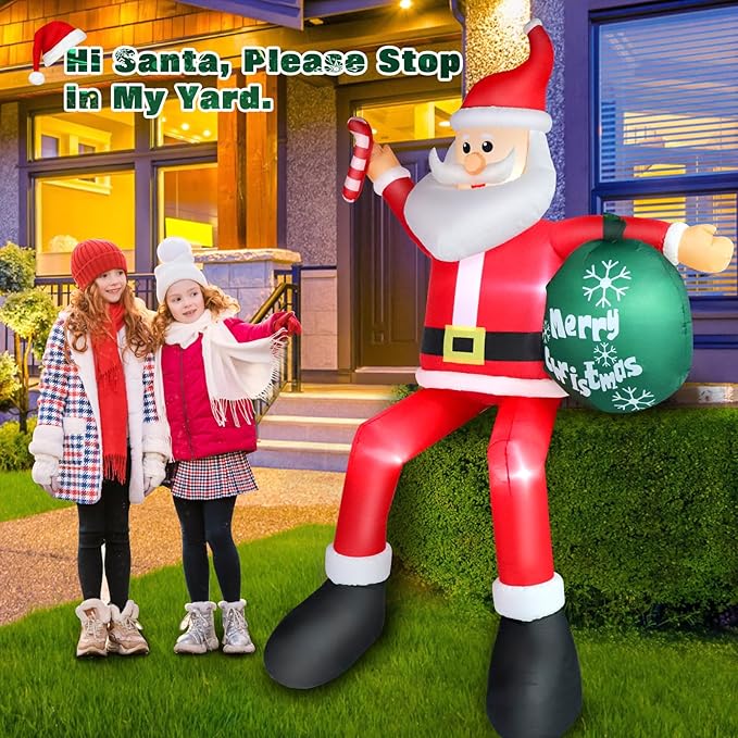 8 FT Inflatable Sitting Santa Claus Christmas Outdoor Decorations, Blow Up Santa Claus with Gift Bag Sitting on Roof Wall Tree Chair, Outdoor/Indoor Decorations for Street House Patio Bench Shrubs