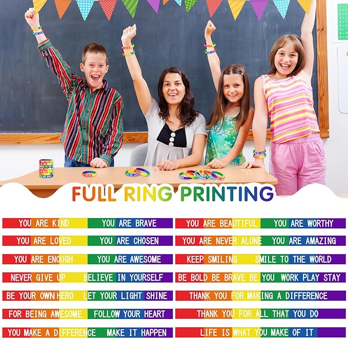 JUNEBRUSHS 42pcs Motivational Silicone Bracelets Rainbow Colors Inspirational Accessories Wristbands for Kids Teens Teacher Classroom Home Office Party Favor Gifts Supplies (14 Designs)