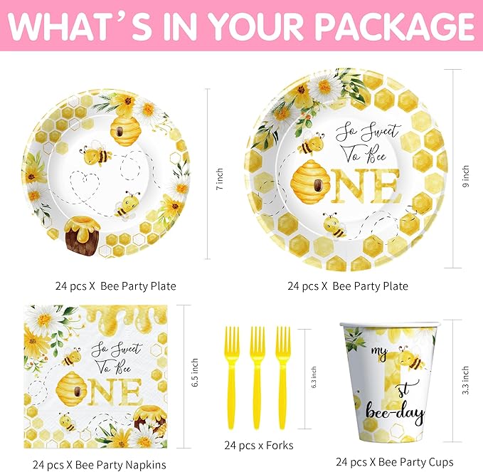 APOWBLS Bee 1st Birthday Party Supplies - Bumble Theme First Bee Day Birthday Decorations Dinnerware, Paper Plates, Cups, Napkins, Tableware Party Forks | Serve 24