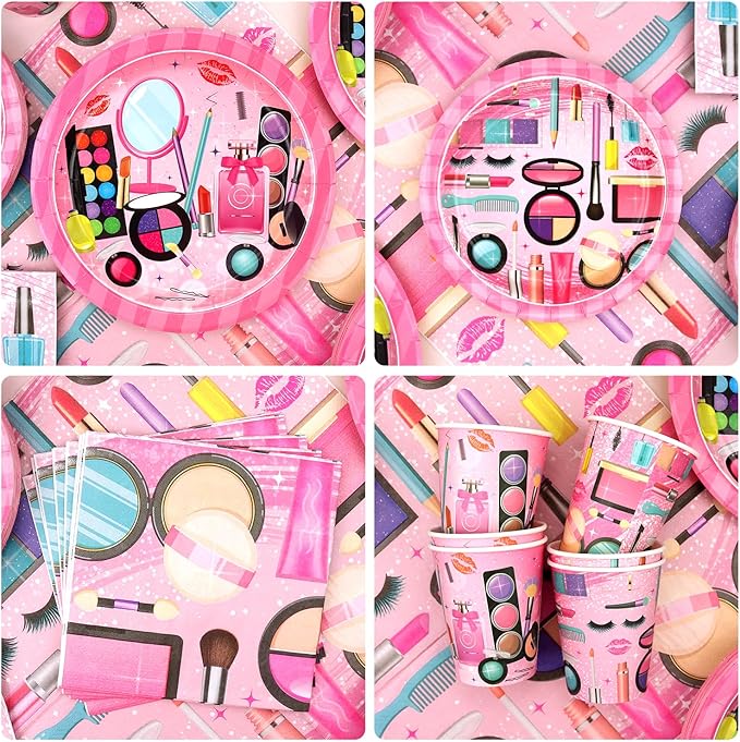 Spa Party Supplies - Makeup Theme Party Tableware - Dinner Plates Desserts Plates Cups Napkins Spa Makeup Tablecover Straws for Girls Women Slumber Pamper Spa Birthday Party Decoration, Serves 40 (40)