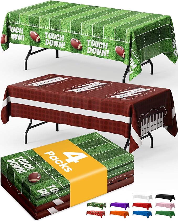 Football Party Decorations Plastic Table Cloth - 4 Pack 54" × 108" Rectangle Superbowl Disposable Tablecloths for 6FT Tables, Table Cover for Party, Holiday & Gathering Use