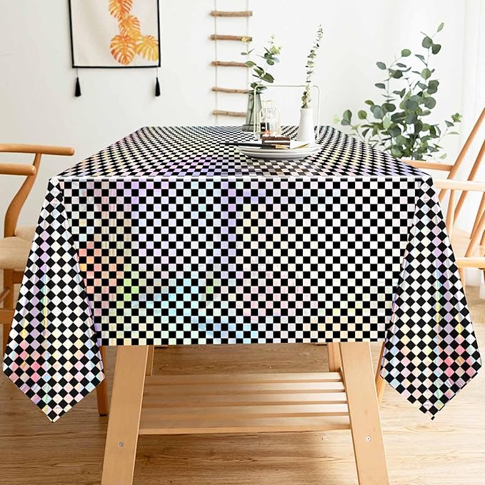 1 Pack Black and Iridescent Checkered Tablecloth Shiny Disposable Holographic Foil Table Cloth Plastic Laser Rectangle Table Cover for Picnic Birthday Party Race Car Tablecloth