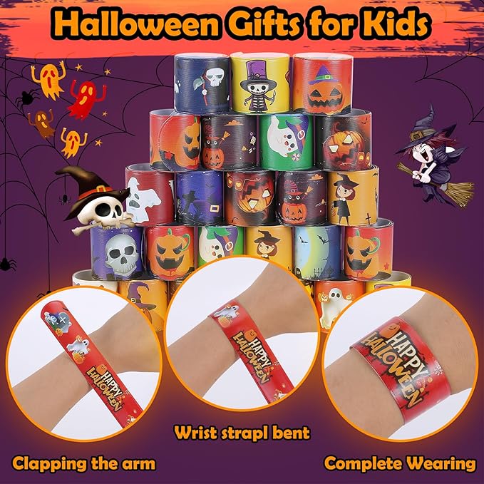 Halloween Slap Bracelets 36 PCS Bulk Halloween Party Favors for Kids Pumpkin Ghost Snap Bracelet Party Supplies Goodie Bag Fillers Stuffers Student Classroom Prizes Toys Halloween Gifts for Girls Boys