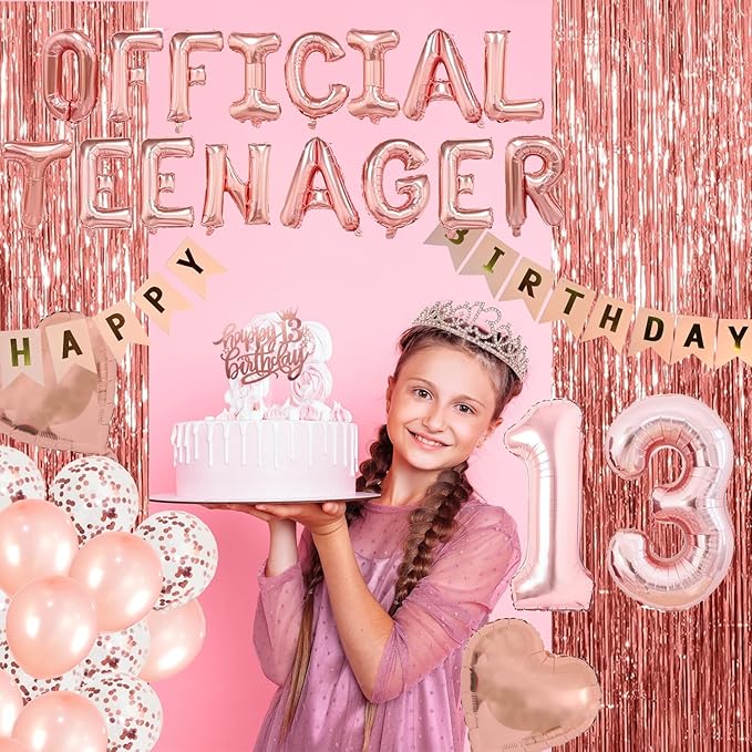 13th Birthday Decorations for Girls, Official Teenager Party Supplies Rose Gold Foil Balloons, Tiara Tassel Curtains Sash Balloons Numbers Banner Cake Topper for 13 Birthday Girl Decorations