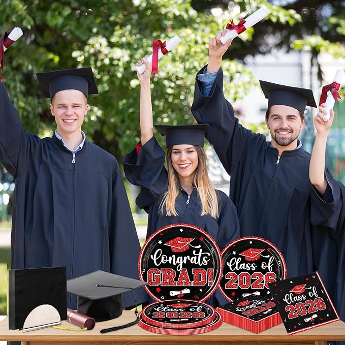 Graduation Plates and Napkins 2026,Red and Black Graduation Decorations 200pcs Graduation Paper Plates and Napkins Graduation Party Supplies for Graduation Party Decorations,Serve 50
