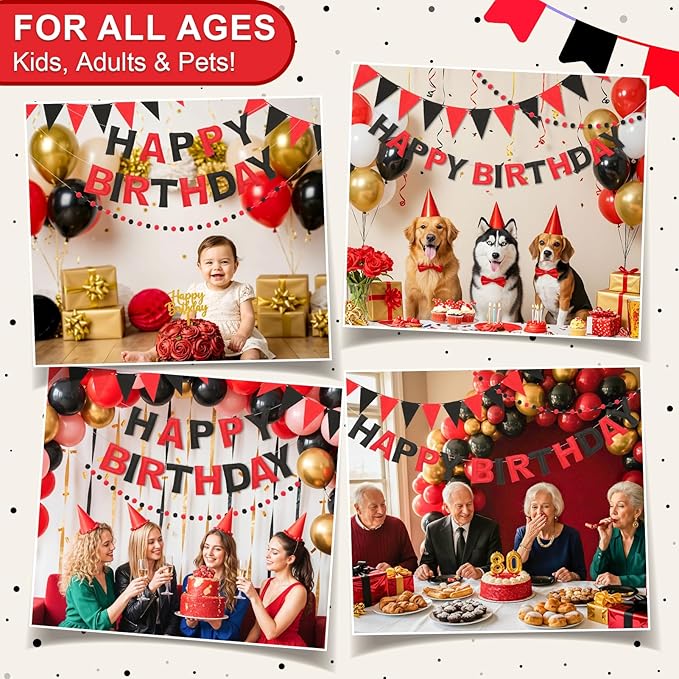 Pre-Strung Happy Birthday Banner & Felt Garland Set - Red & Black Birthday Decorations for Women Men Boys Girls | Reusable Party Supplies for Indoor & Outdoor